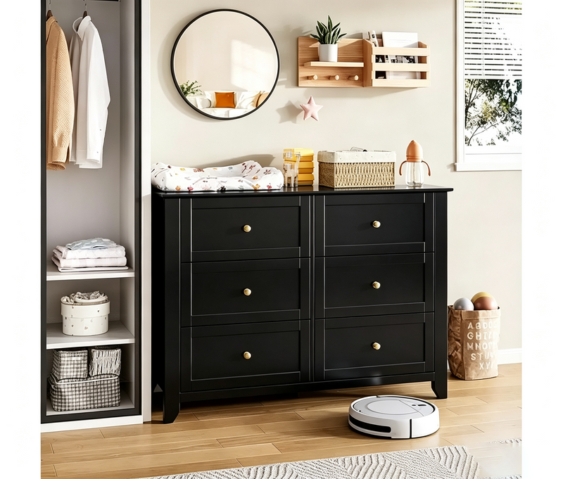 Commode à 6 tiroirs pour chambre à coucher, grande commode de 54 pouces de large avec tiroirs profonds et poignées en métal, commodes modernes en bois pour entrée, couloir