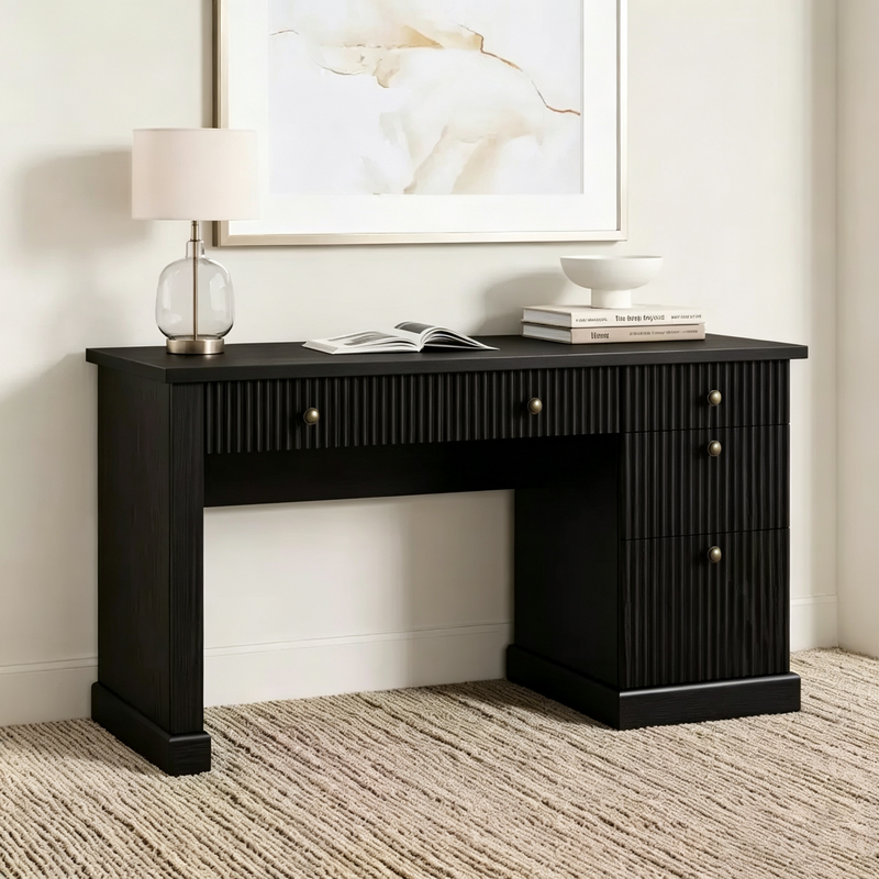 Bureau de télétravail cannelé de 137 cm avec tiroirs et chargement USB intégré, bureau d'écriture moderne pour salle d'étude