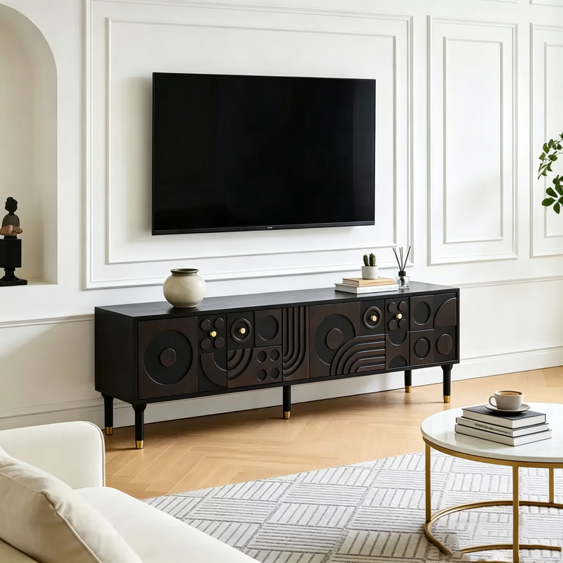 Meuble TV de style médiéval de 170 cm avec portes d'armoire sculptées, meuble de divertissement moderne pour téléviseurs de moins de 80 pouces