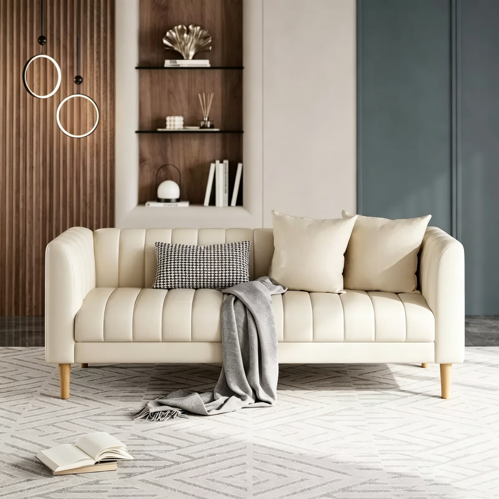 Canapé moderne en similicuir 83, 3 places avec assise profonde et pieds en bois, coussins ergonomiques et 2 coussins décoratifs pour salon, chambre ou appartement