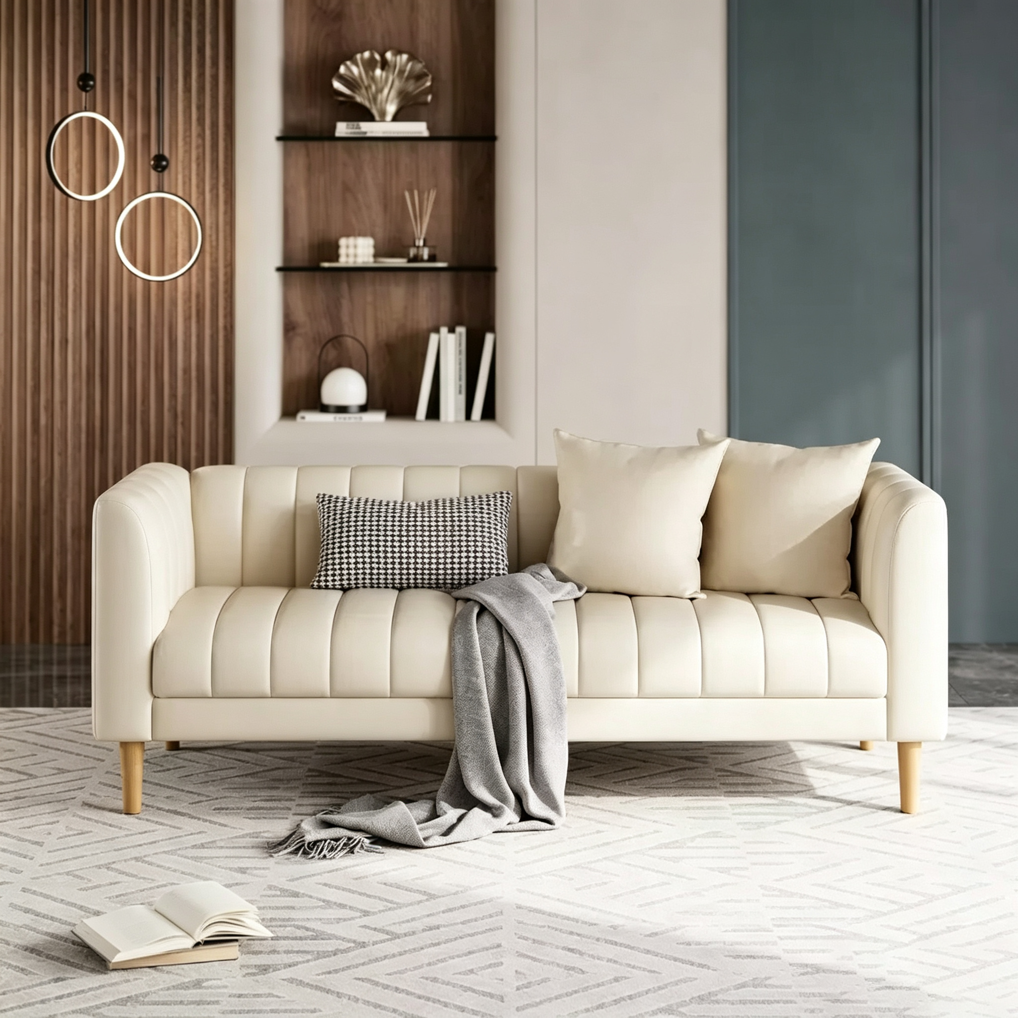 Canapé moderne en similicuir 83, 3 places avec assise profonde et pieds en bois, coussins ergonomiques et 2 coussins décoratifs pour salon, chambre ou appartement