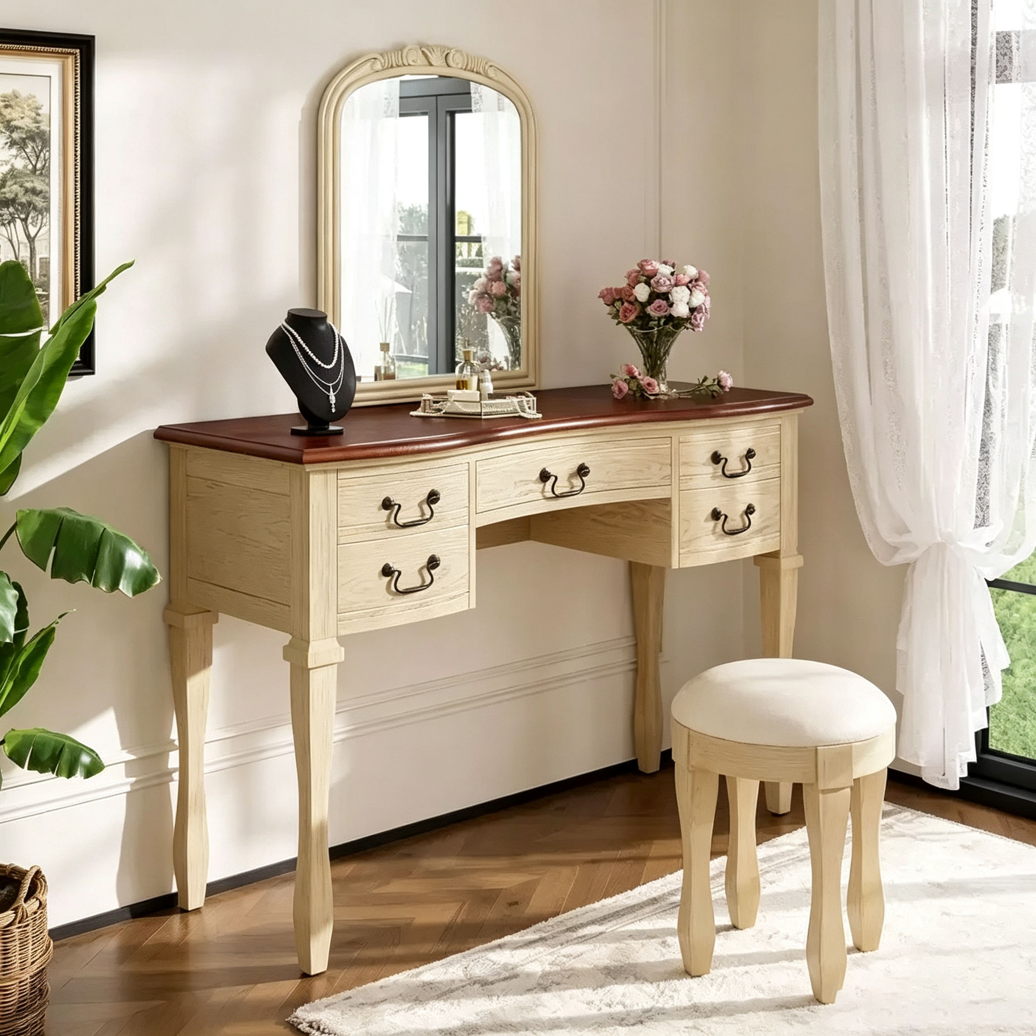 Coiffeuse Vintage, Table de Maquillage avec Miroir Incurvé à Cadre Floral, 5 Tiroirs et Tabouret en Cuir - Brun et Blanc Antique